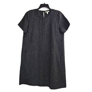 Eileen Fisher Organic Linen Shift Dress Knee Legnth Black Stripe Women's Small